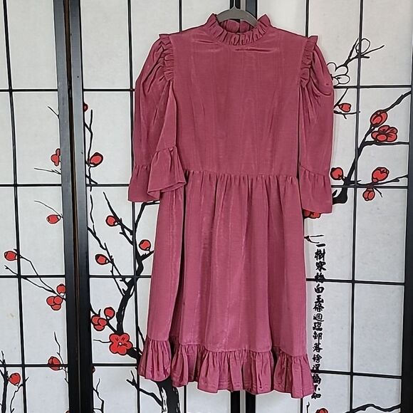 Batsheva Short Sleeve Prairie Dress In Raspberry Morie - Picture 3 of 13